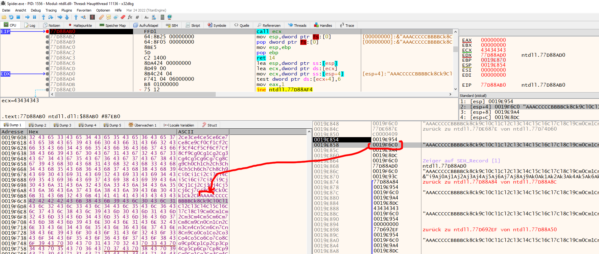 Stack address to return to